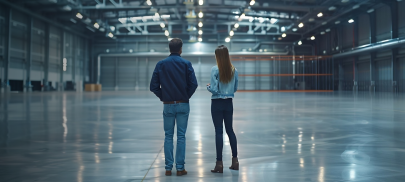 slider - energia elektryczna prosto z rynku elastycznie, dwoje ludzi stoi w oświetlonym magazynie
