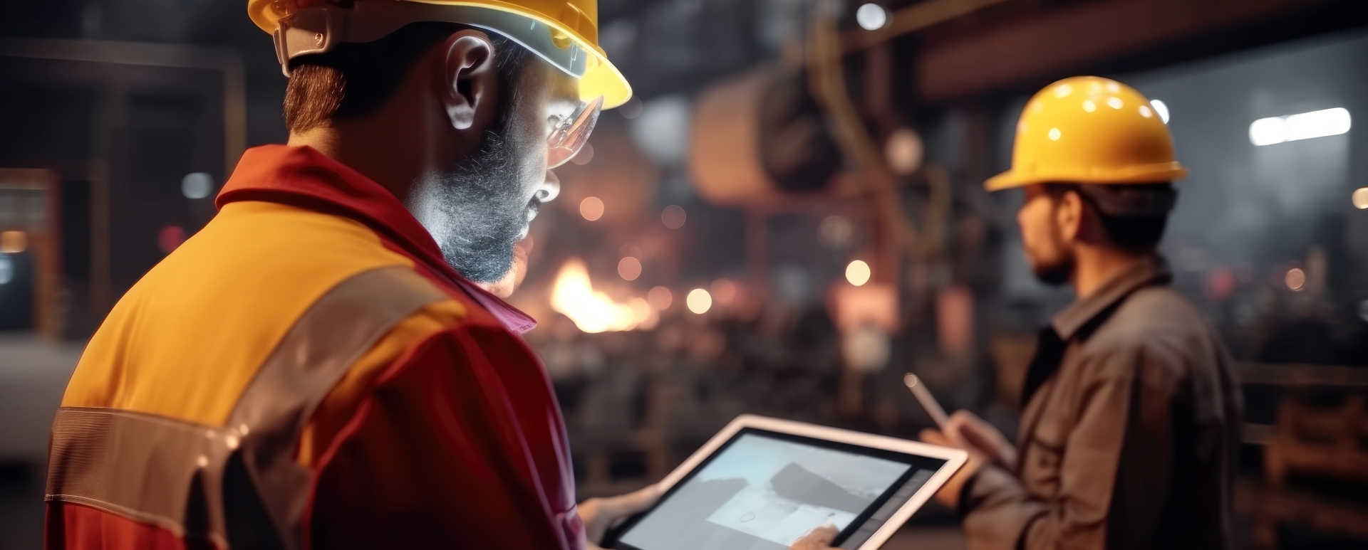 Mężczyzna trzymający tablet na tle hali produkcyjnej